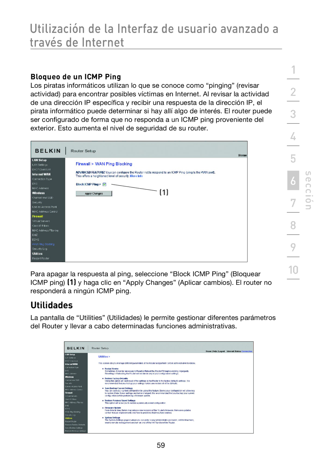 Belkin F5D8233EA4 user manual Utilidades, Bloqueo de un Icmp Ping 