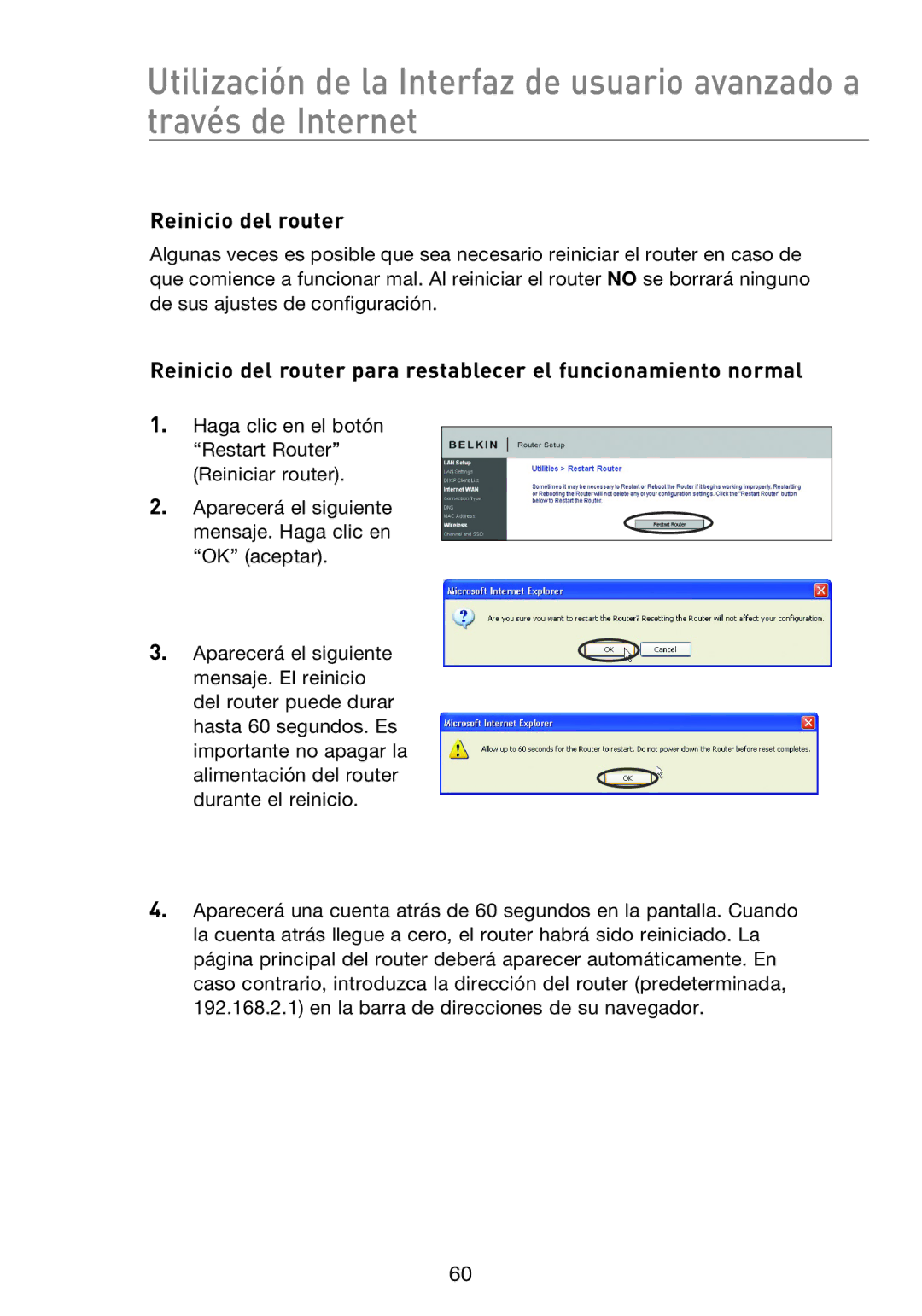 Belkin F5D8233EA4 user manual Reinicio del router 