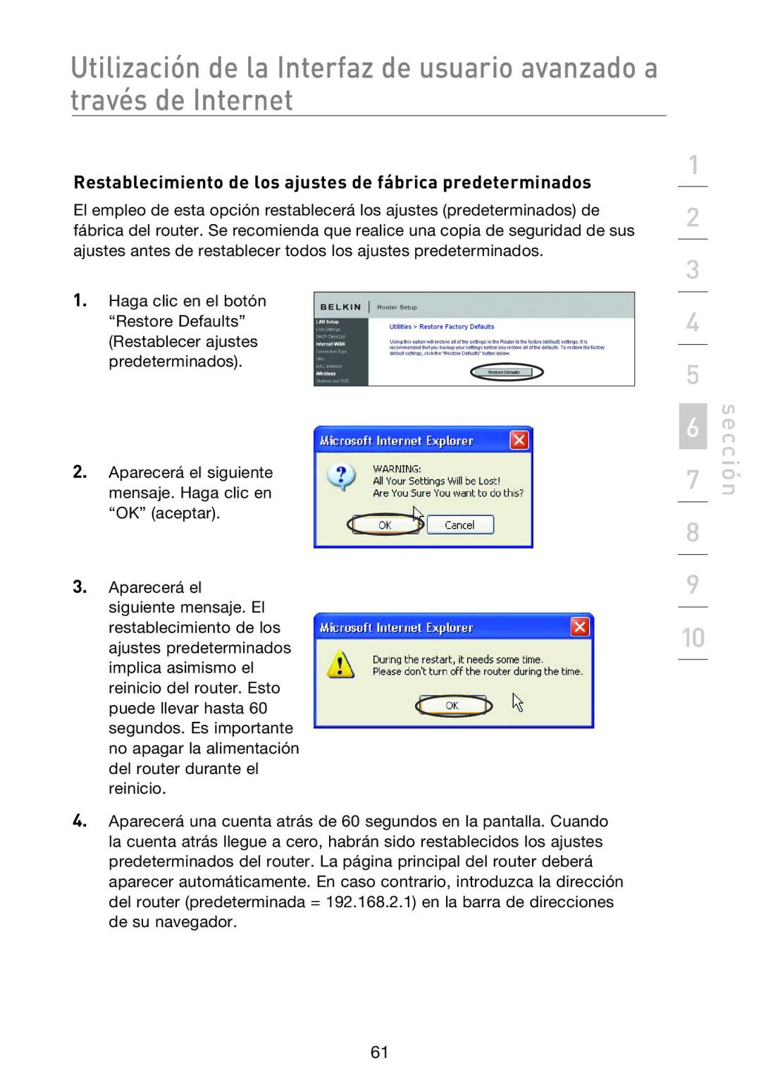 Belkin F5D8233EA4 user manual Restablecimiento de los ajustes de fábrica predeterminados 