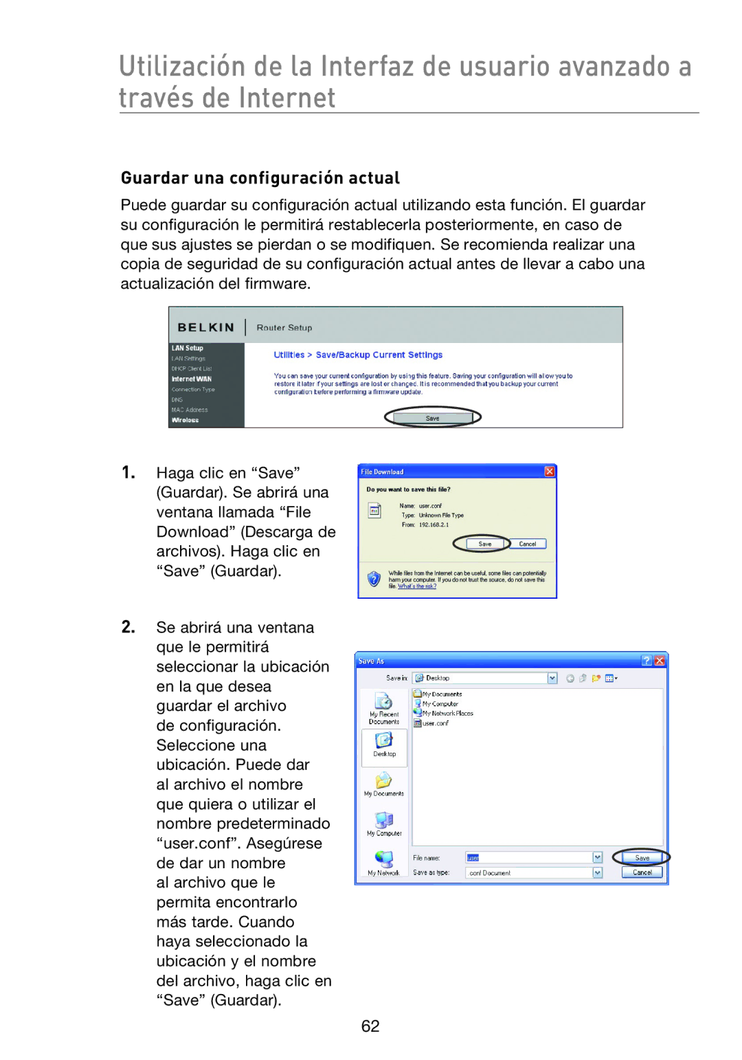 Belkin F5D8233EA4 user manual Guardar una configuración actual 