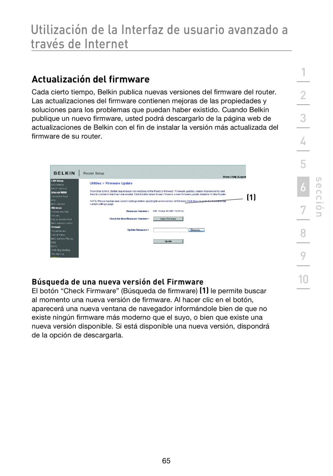 Belkin F5D8233EA4 user manual Actualización del firmware, Búsqueda de una nueva versión del Firmware 