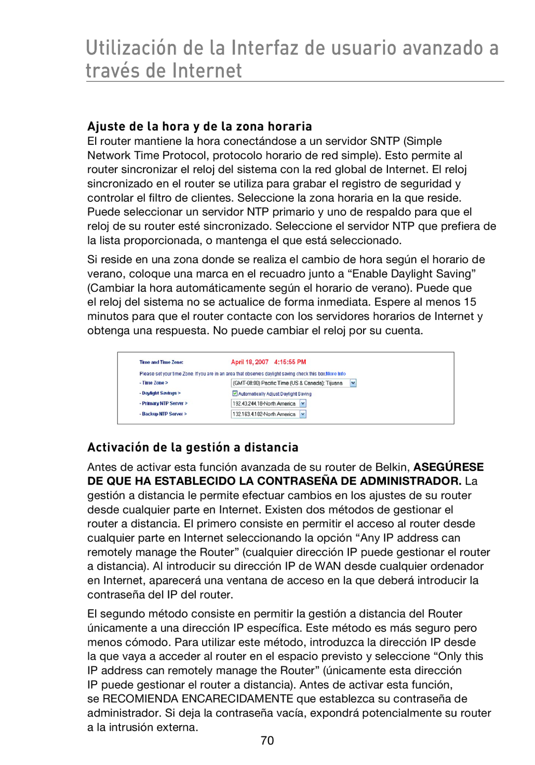 Belkin F5D8233EA4 user manual Ajuste de la hora y de la zona horaria, Activación de la gestión a distancia 