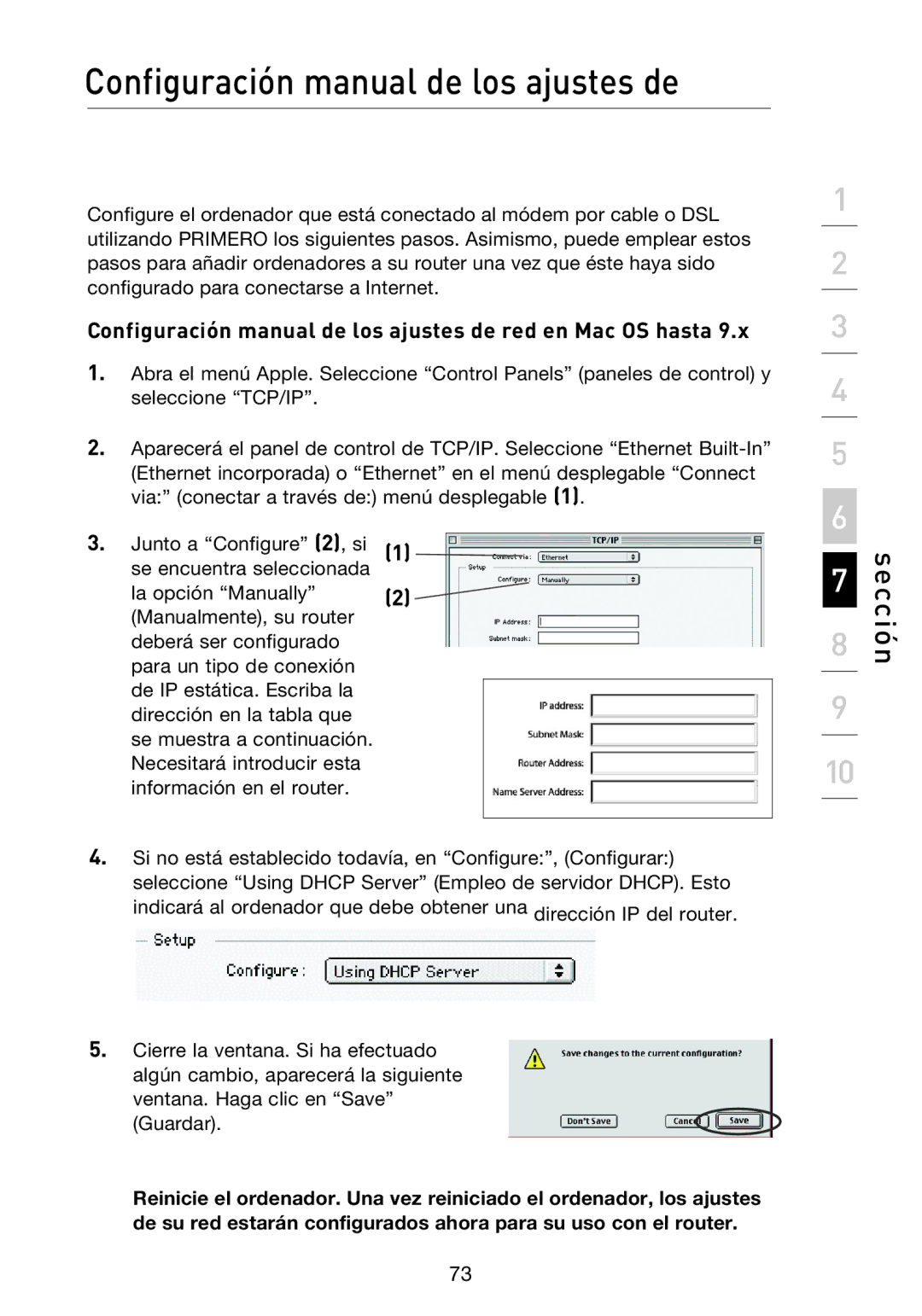 Belkin F5D8233EA4 user manual Configuración manual de los ajustes de red en Mac OS hasta 