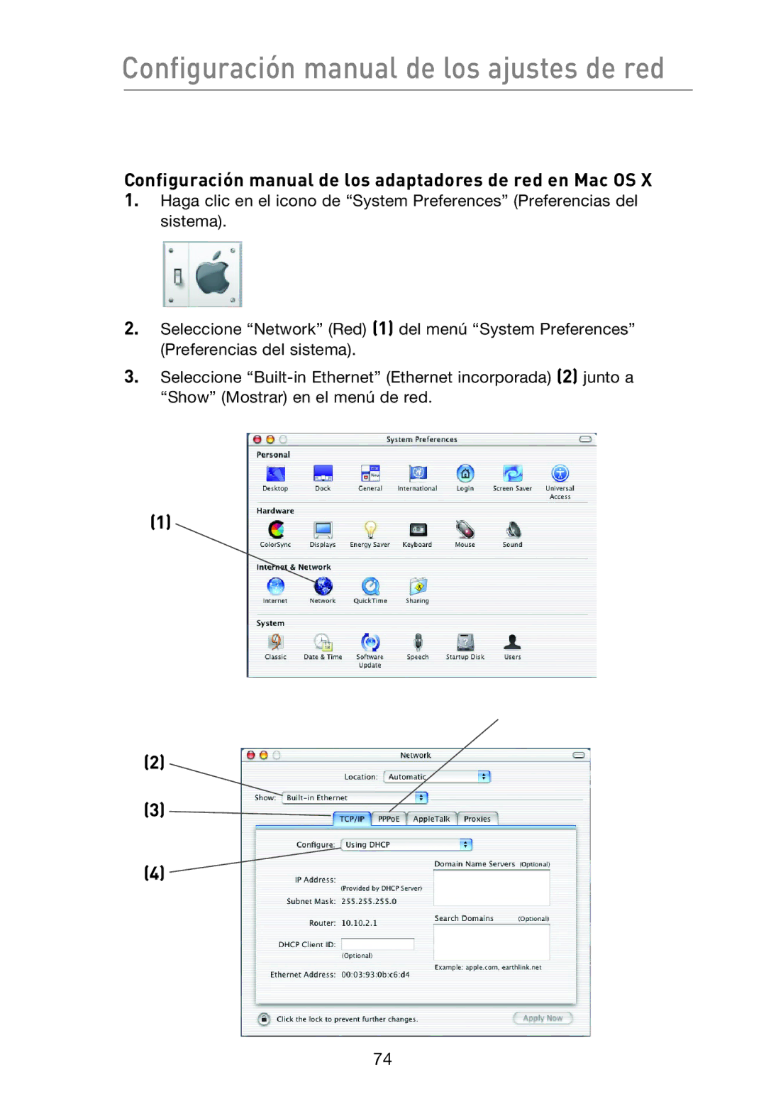 Belkin F5D8233EA4 Configuración manual de los ajustes de red, Configuración manual de los adaptadores de red en Mac OS 