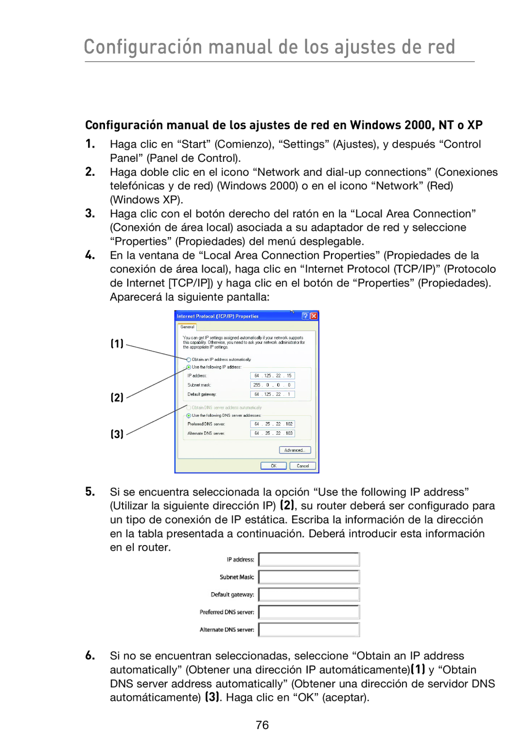 Belkin F5D8233EA4 user manual Configuración manual de los ajustes de red 