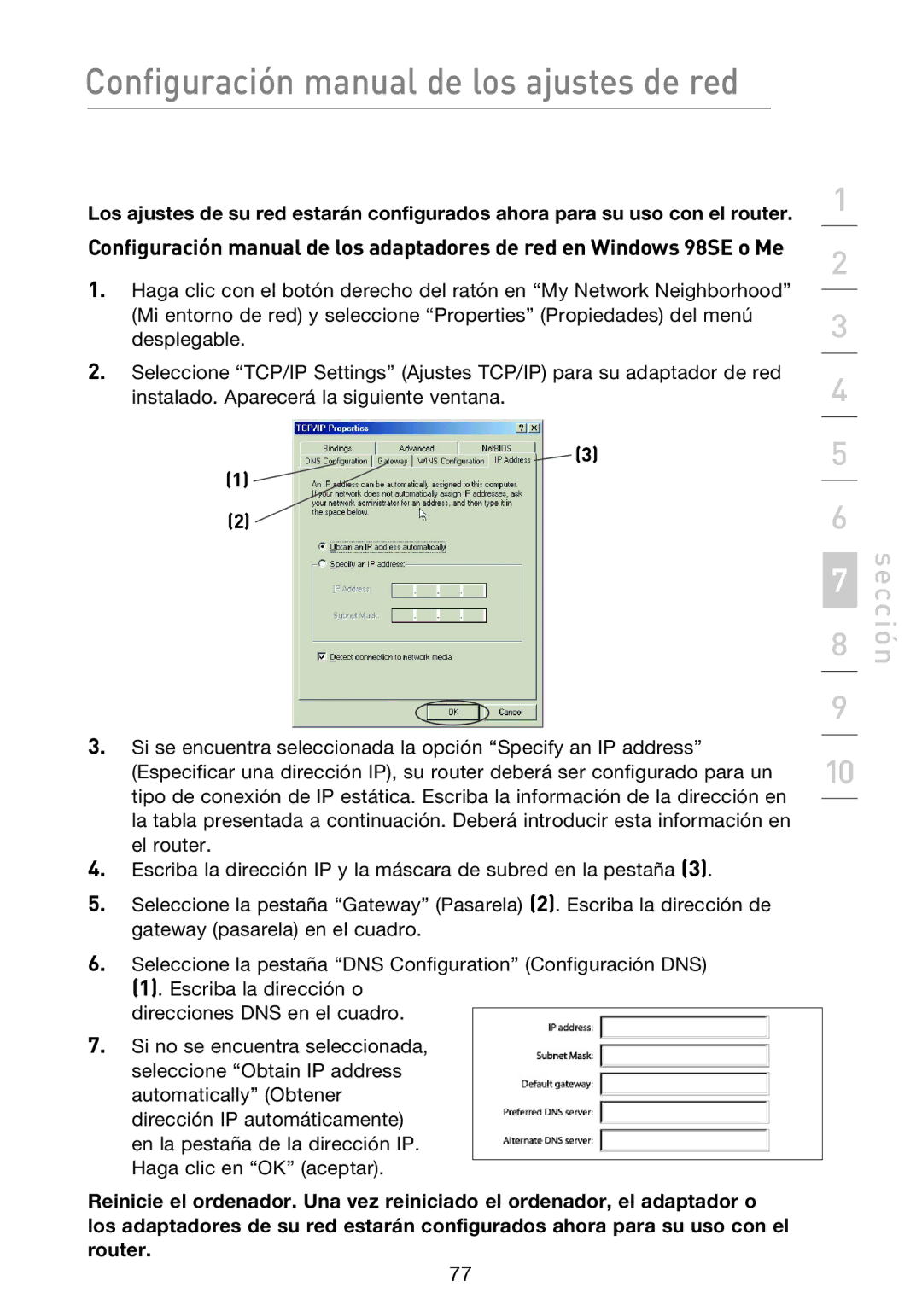 Belkin F5D8233EA4 user manual Configuración manual de los ajustes de red 