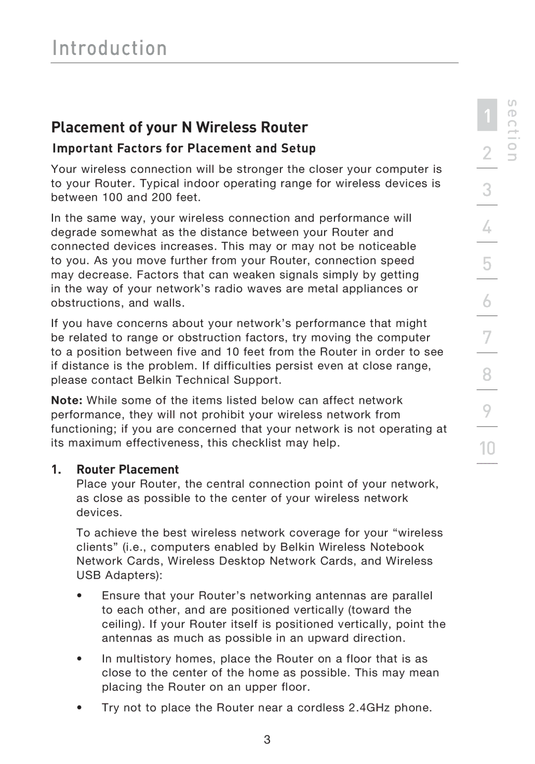 Belkin F5D8233EA4 Placement of your N Wireless Router, Important Factors for Placement and Setup, Router Placement 