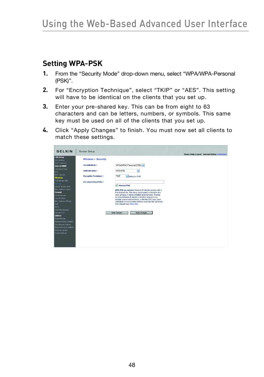 Belkin F5D8233EA4 user manual Setting WPA-PSK 