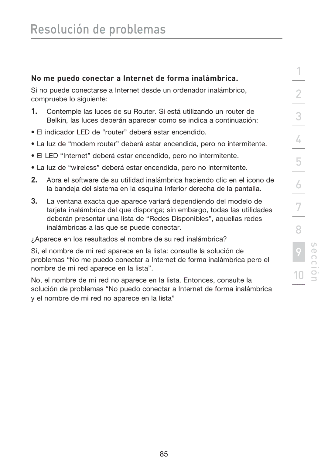 Belkin F5D8233EA4 user manual No me puedo conectar a Internet de forma inalámbrica 