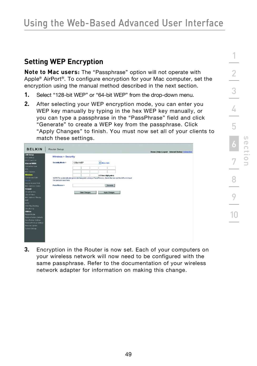 Belkin F5D8233EA4 user manual Setting WEP Encryption 