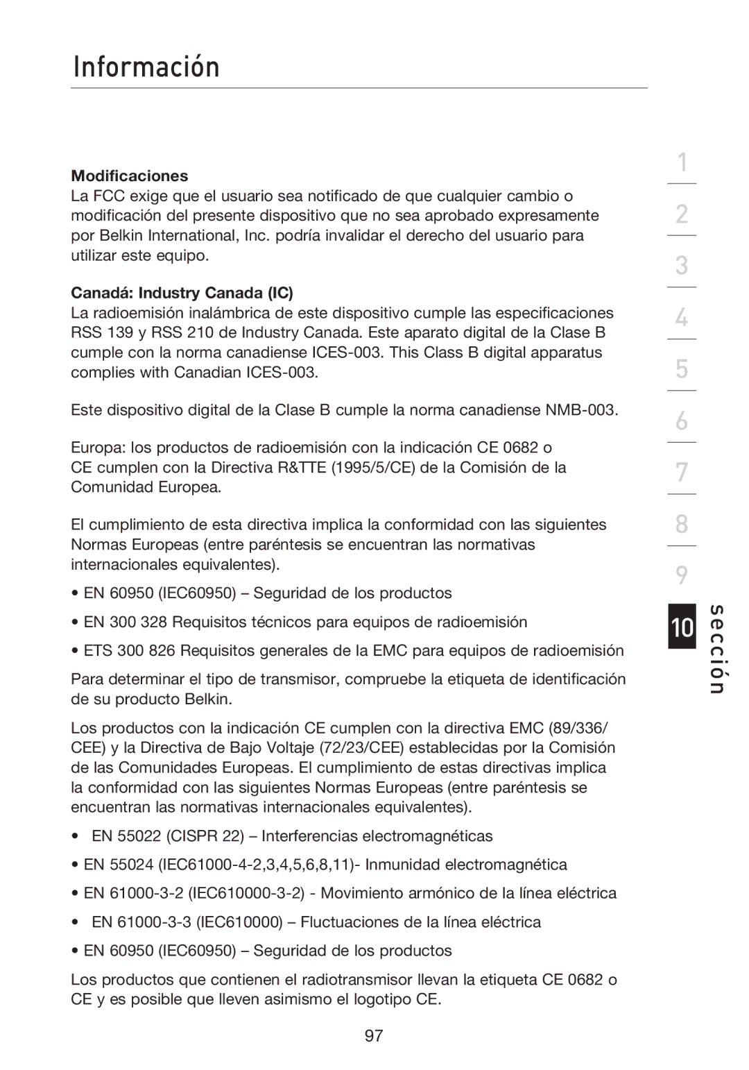 Belkin F5D8233EA4 user manual Modificaciones, Canadá Industry Canada IC 