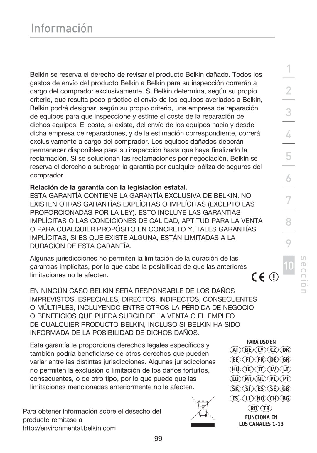 Belkin F5D8233EA4 user manual Relación de la garantía con la legislación estatal 