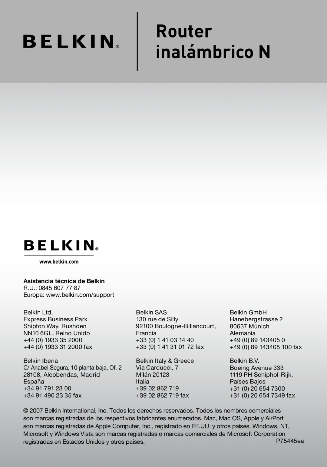 Belkin F5D8233EA4 user manual Asistencia técnica de Belkin 