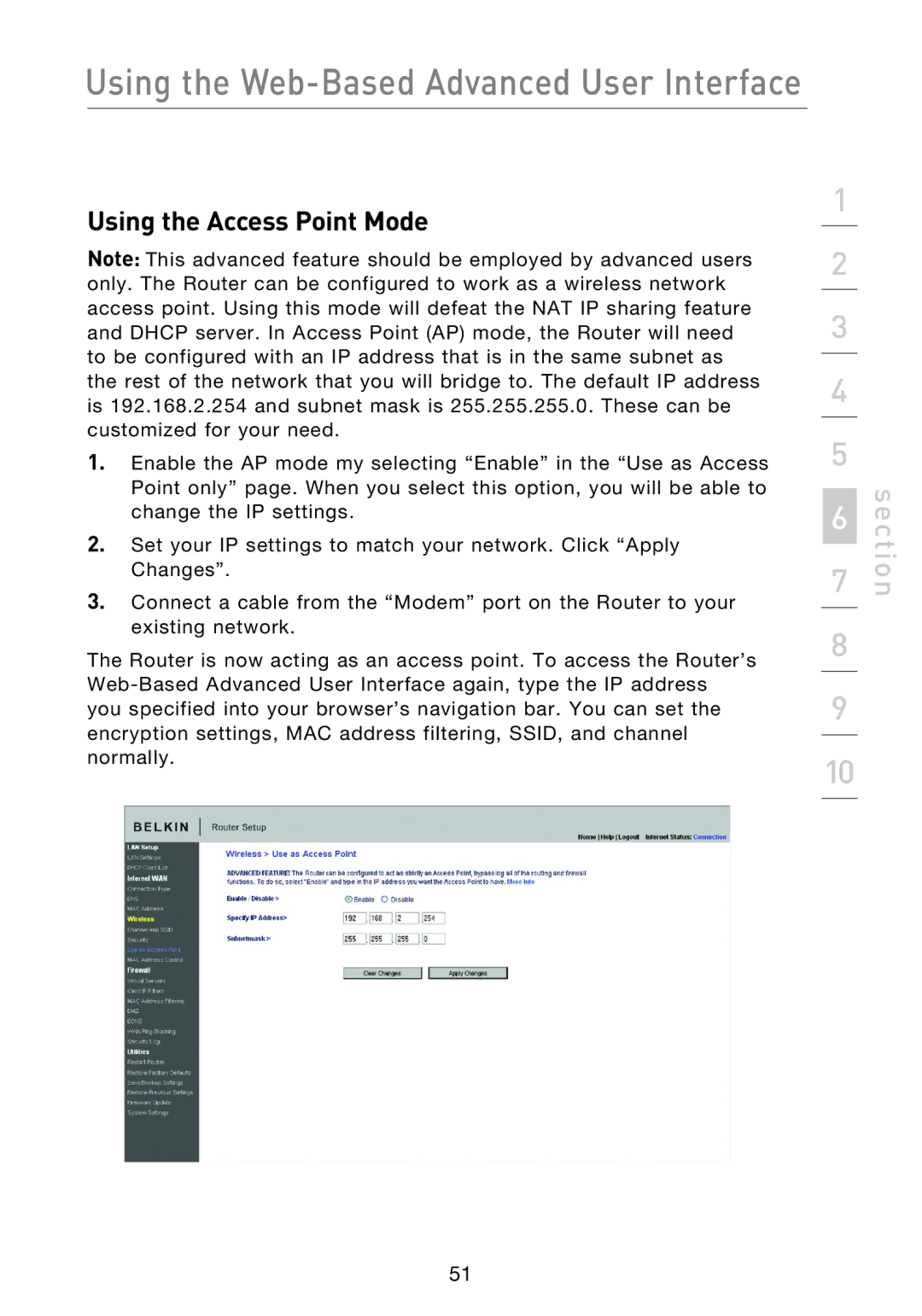 Belkin F5D8233EA4 user manual Using the Access Point Mode 