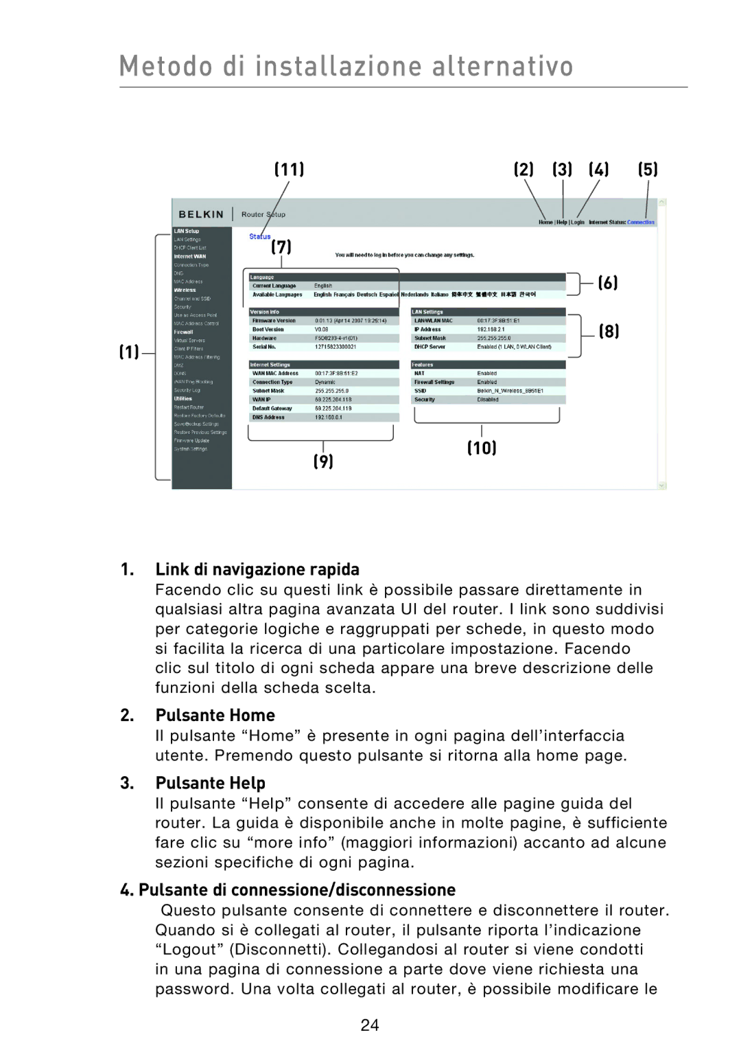 Belkin F5D8233EA4 user manual Metodo di installazione alternativo, Link di navigazione rapida, Pulsante Home, Pulsante Help 