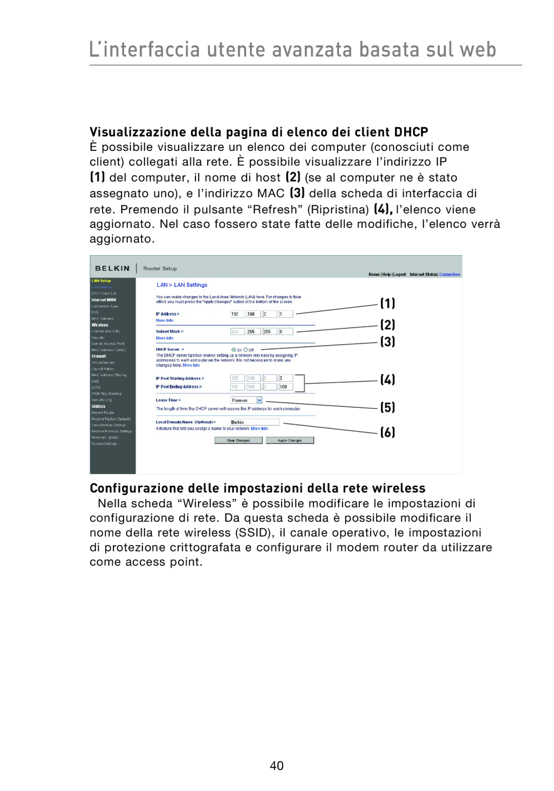 Belkin F5D8233EA4 user manual Visualizzazione della pagina di elenco dei client Dhcp 