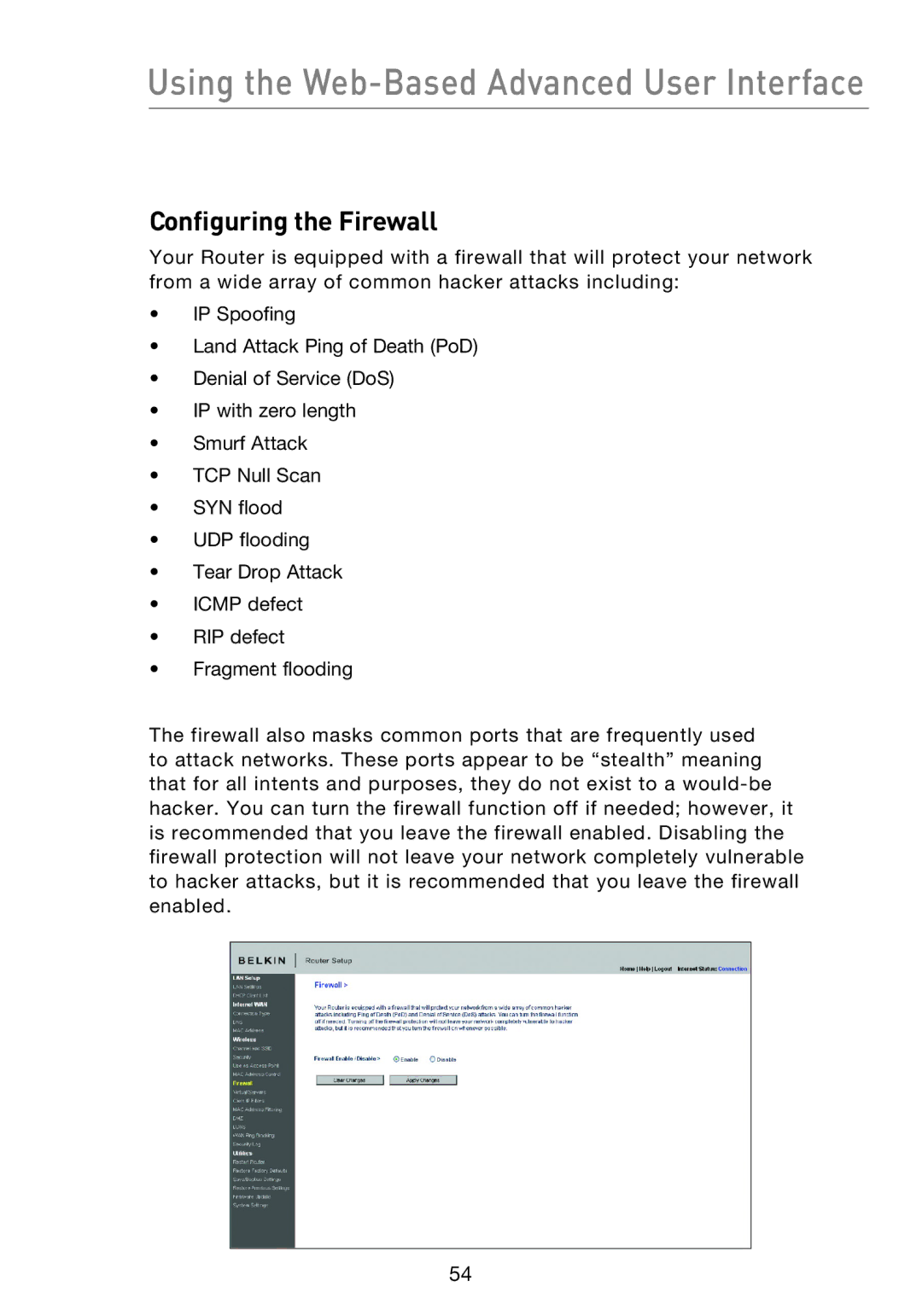 Belkin F5D8233EA4 user manual Configuring the Firewall 