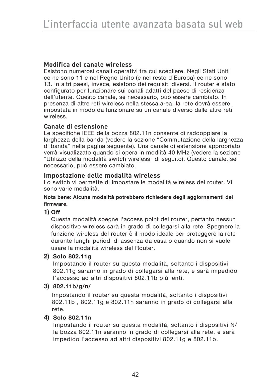 Belkin F5D8233EA4 user manual Modifica del canale wireless, Canale di estensione, Impostazione delle modalità wireless 