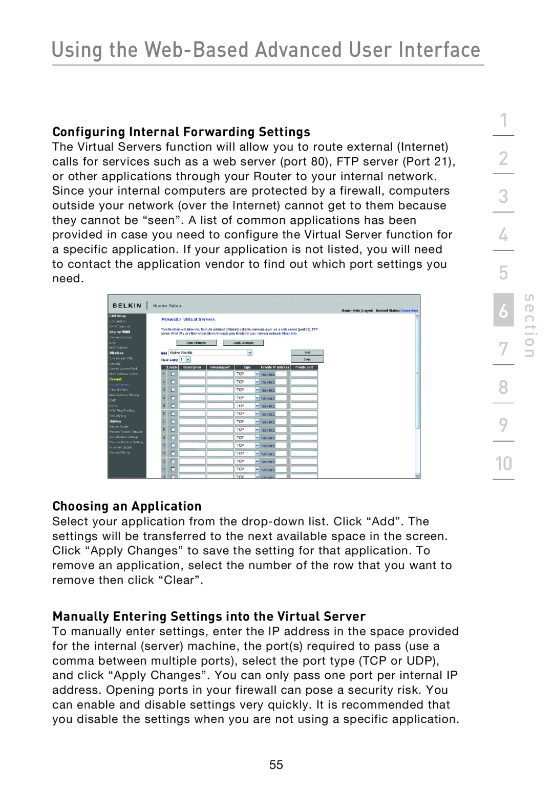 Belkin F5D8233EA4 user manual Configuring Internal Forwarding Settings, Choosing an Application 