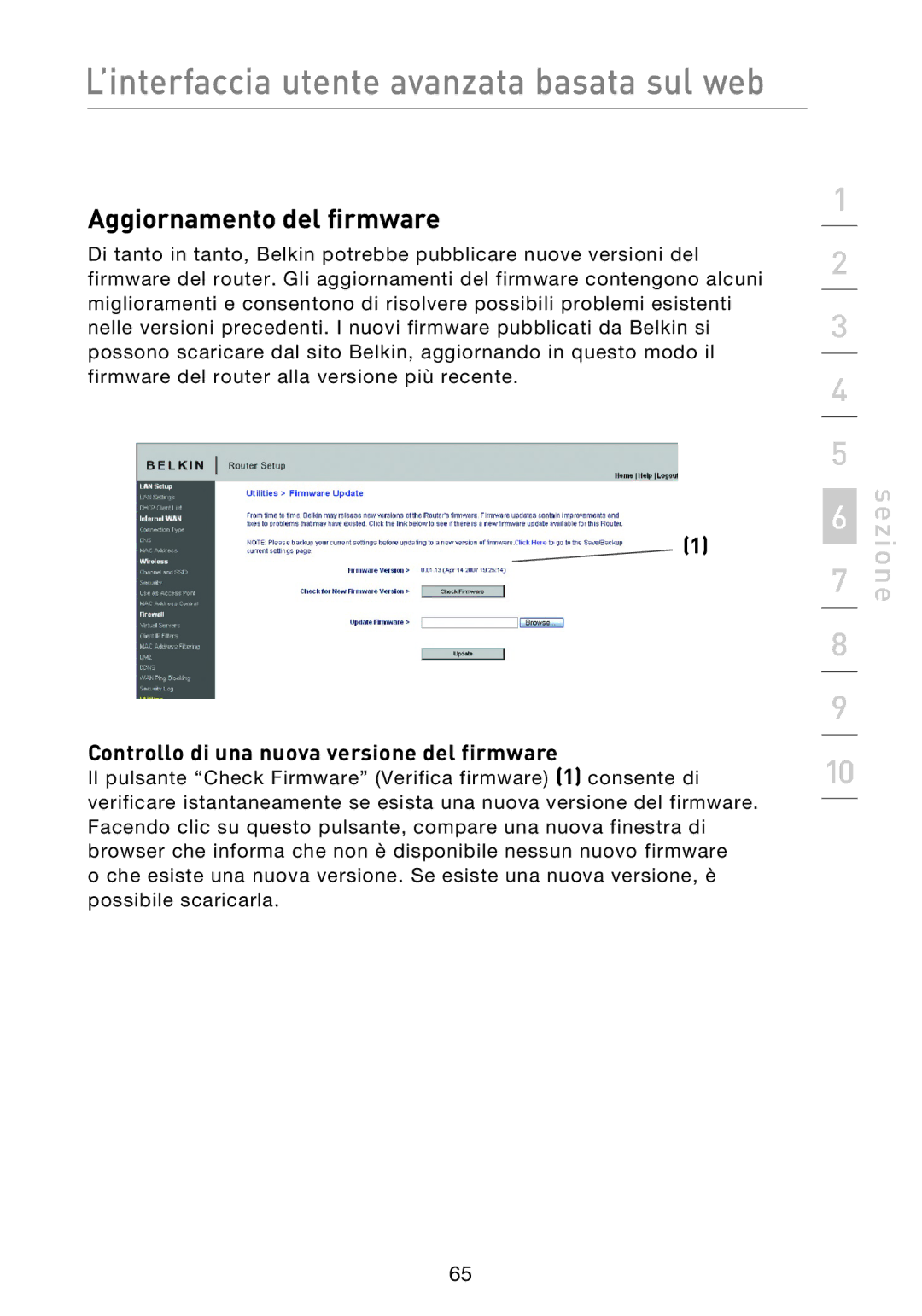 Belkin F5D8233EA4 user manual Aggiornamento del firmware, Controllo di una nuova versione del firmware 