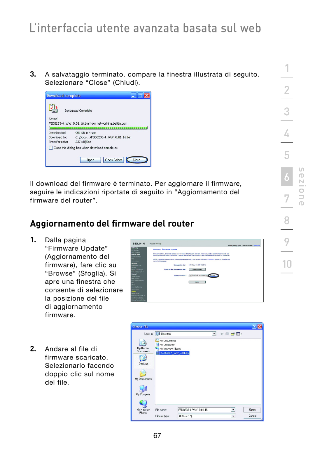 Belkin F5D8233EA4 user manual Aggiornamento del firmware del router 