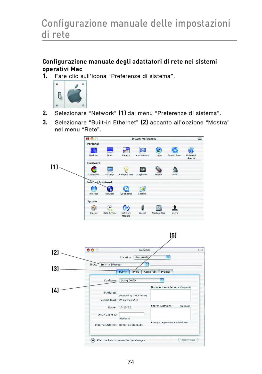 Belkin F5D8233EA4 user manual Configurazione manuale delle impostazioni di rete 