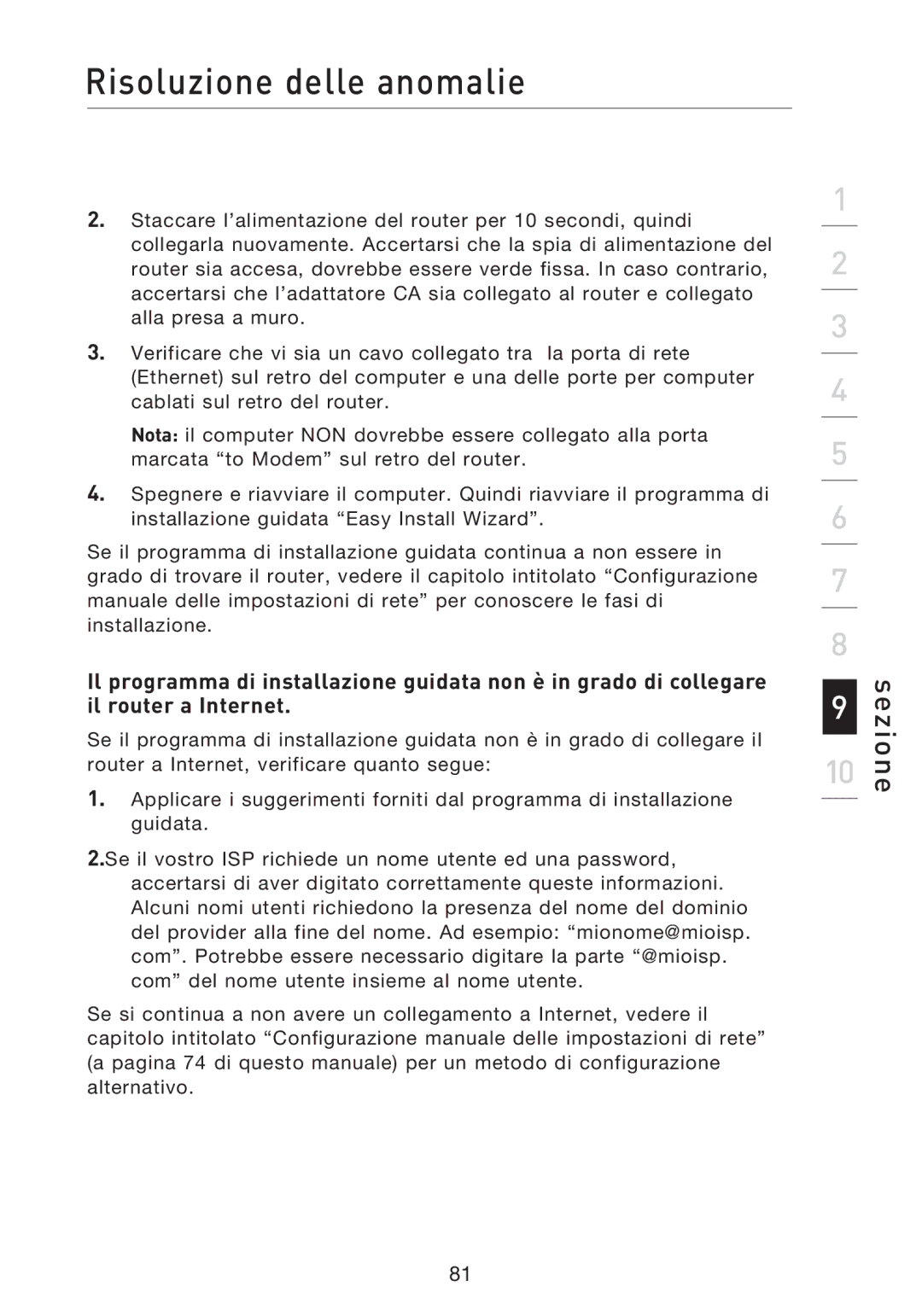 Belkin F5D8233EA4 user manual Risoluzione delle anomalie 