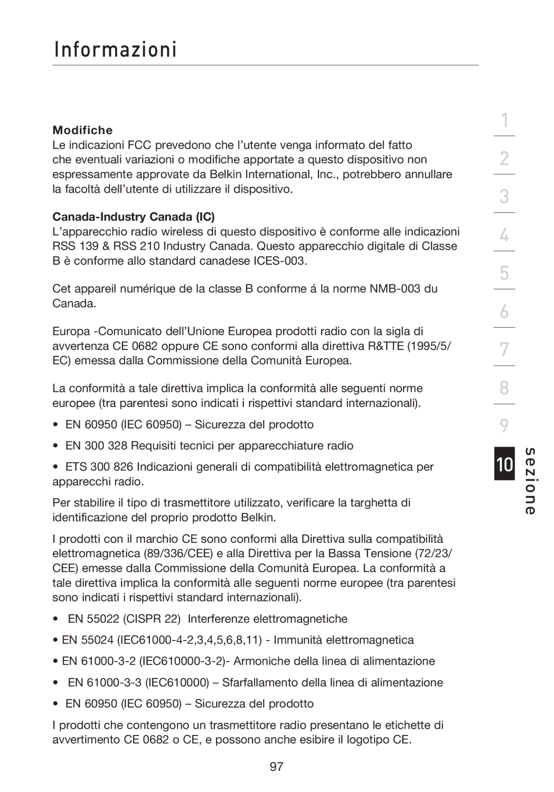 Belkin F5D8233EA4 user manual Modifiche, Canada-Industry Canada IC 