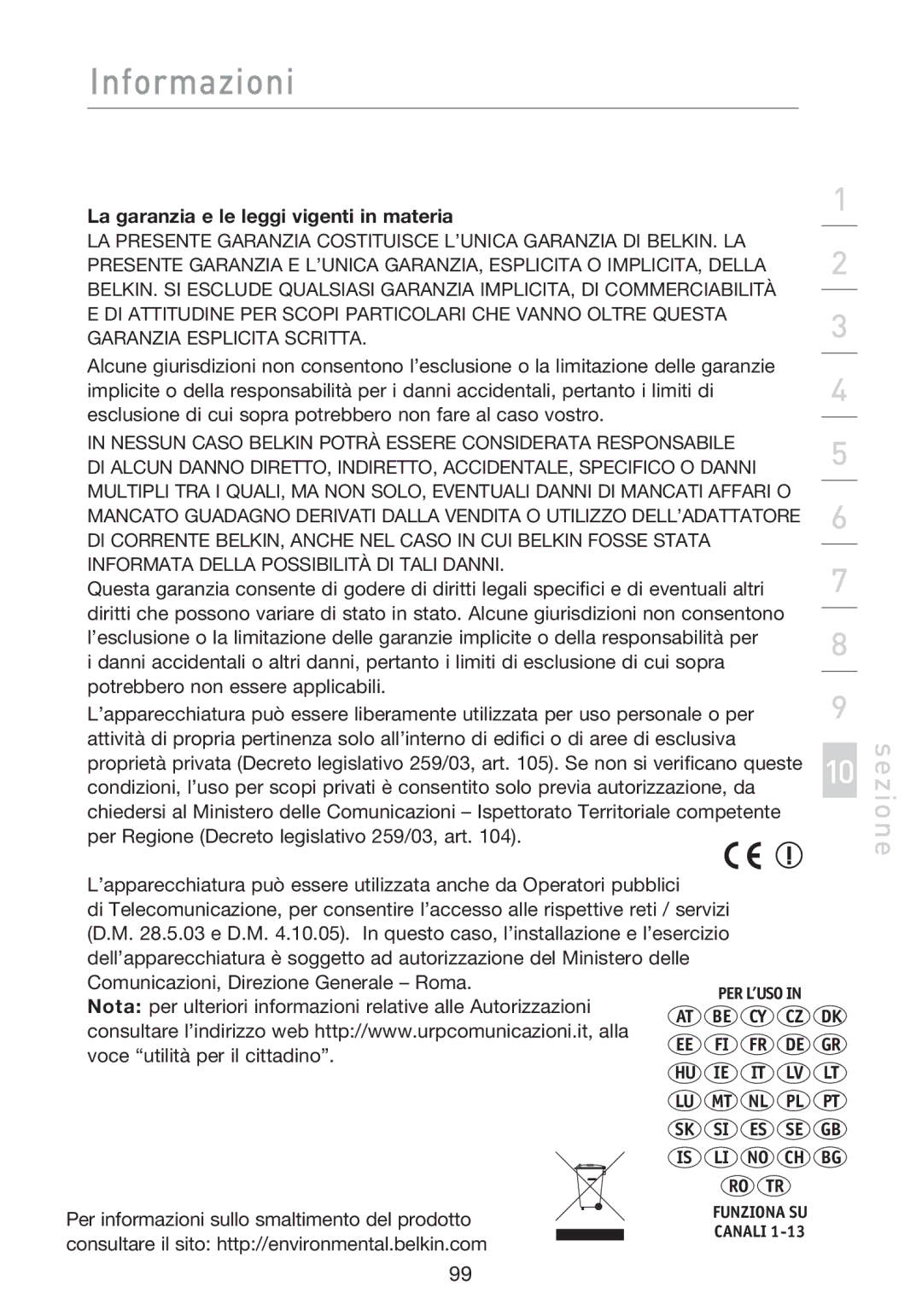 Belkin F5D8233EA4 user manual La garanzia e le leggi vigenti in materia 