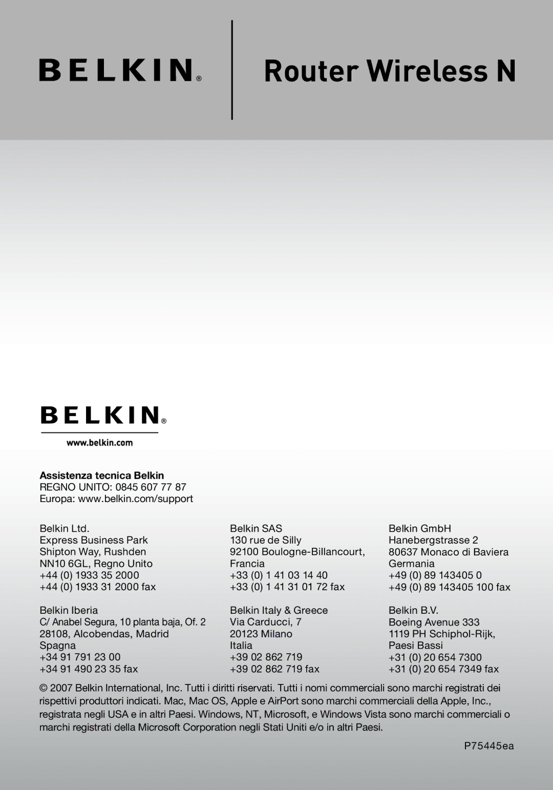 Belkin F5D8233EA4 user manual Assistenza tecnica Belkin 