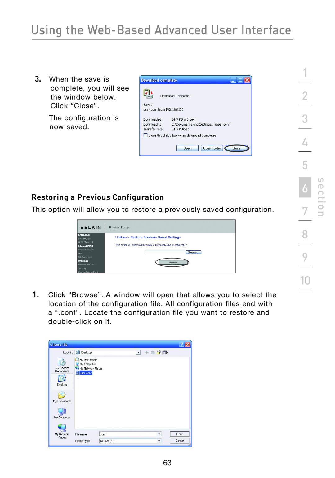 Belkin F5D8233EA4 user manual Restoring a Previous Configuration 