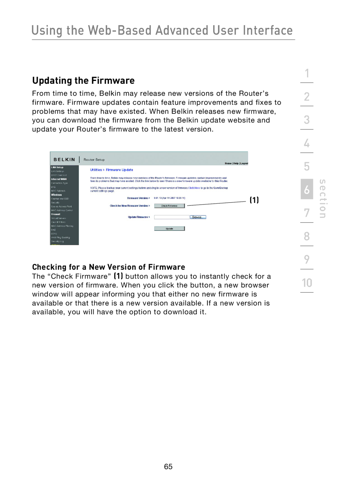 Belkin F5D8233EA4 user manual Updating the Firmware, Checking for a New Version of Firmware 