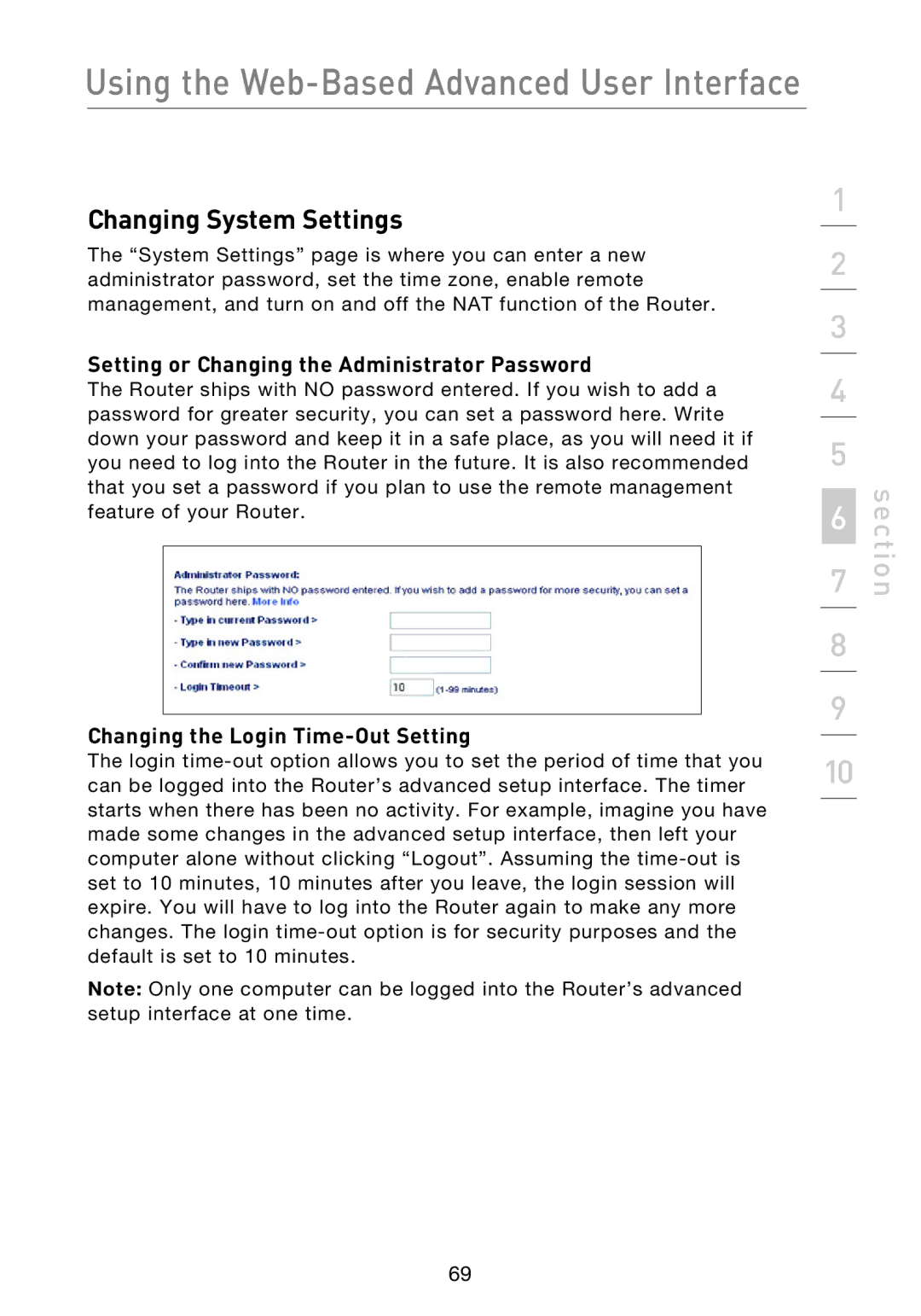 Belkin F5D8233EA4 user manual Changing System Settings, Setting or Changing the Administrator Password 