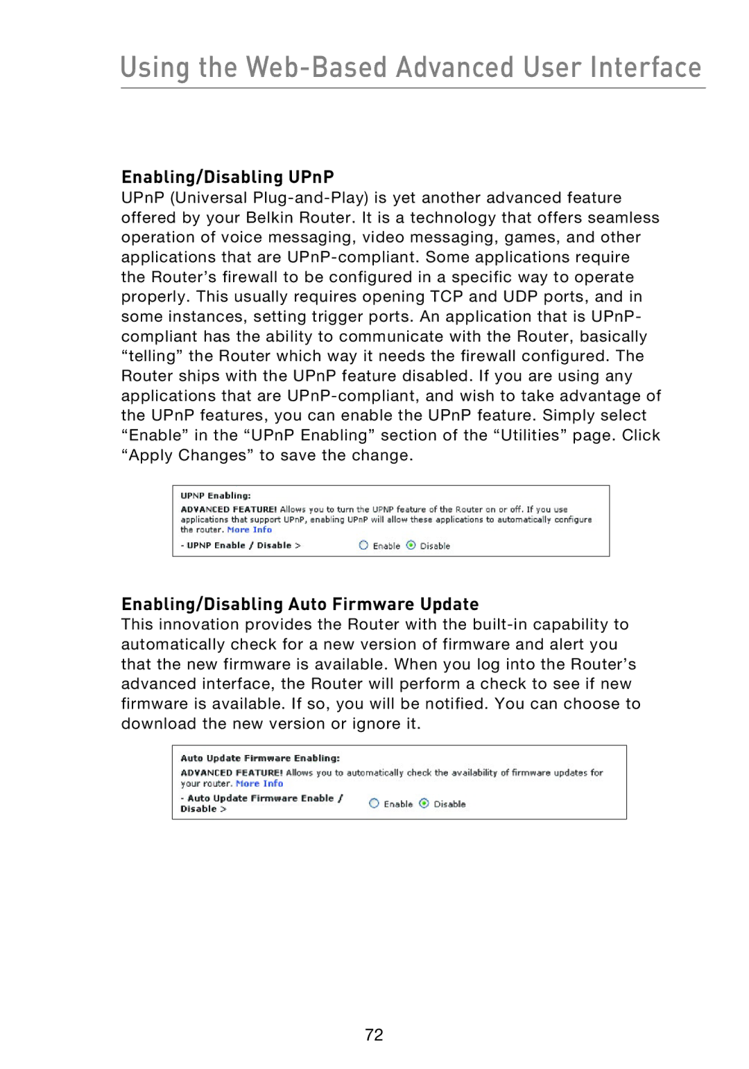 Belkin F5D8233EA4 user manual Enabling/Disabling UPnP, Enabling/Disabling Auto Firmware Update 