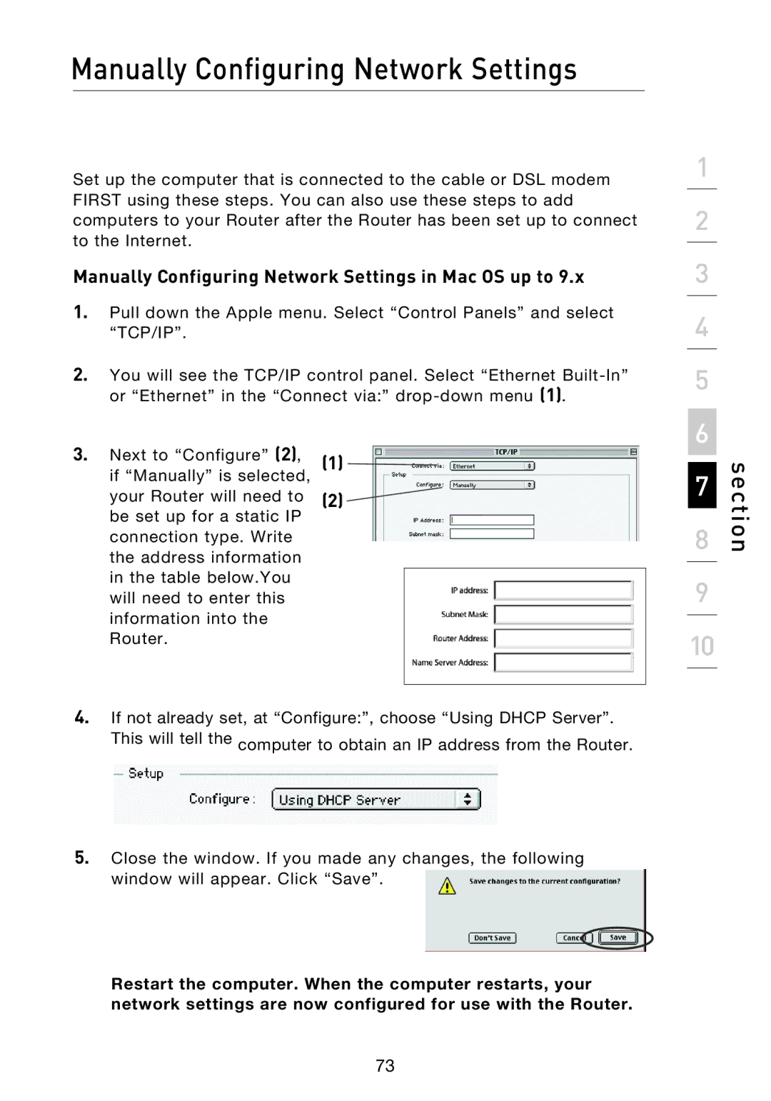 Belkin F5D8233EA4 user manual Manually Configuring Network Settings in Mac OS up to 