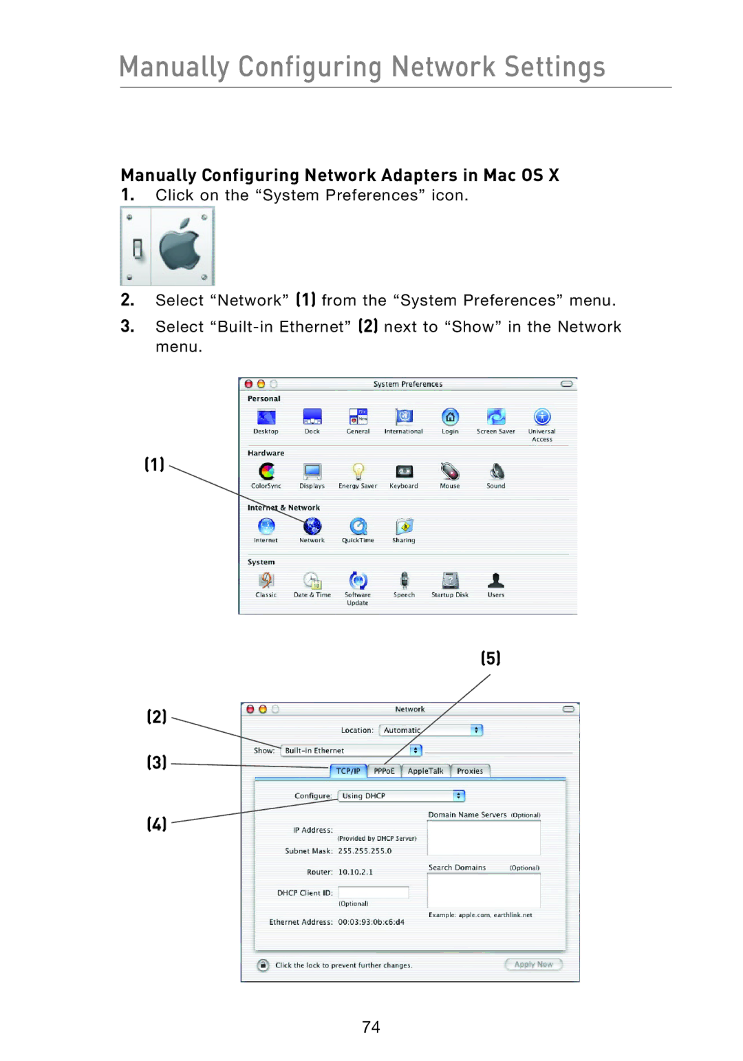 Belkin F5D8233EA4 user manual Manually Configuring Network Settings, Manually Configuring Network Adapters in Mac OS 