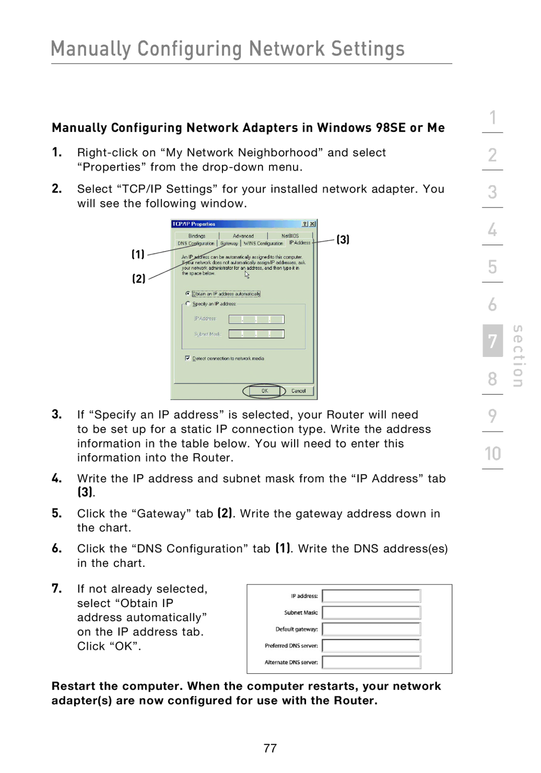 Belkin F5D8233EA4 user manual Manually Configuring Network Adapters in Windows 98SE or Me 