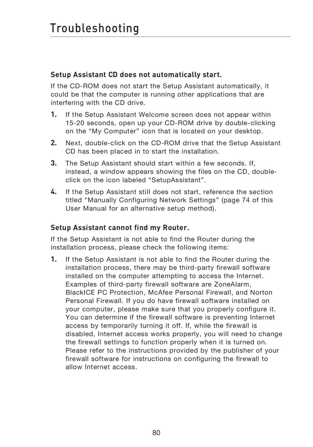 Belkin F5D8233EA4 Troubleshooting, Setup Assistant CD does not automatically start, Setup Assistant cannot find my Router 