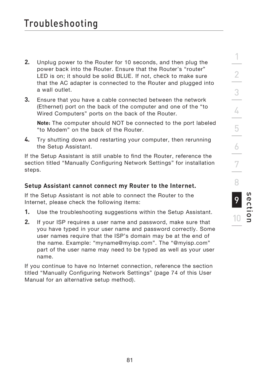 Belkin F5D8233EA4 user manual Setup Assistant cannot connect my Router to the Internet 