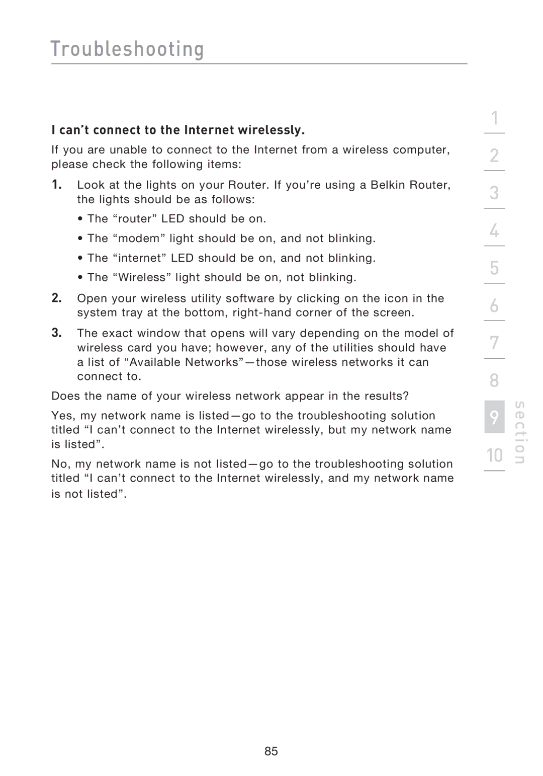 Belkin F5D8233EA4 user manual Can’t connect to the Internet wirelessly 