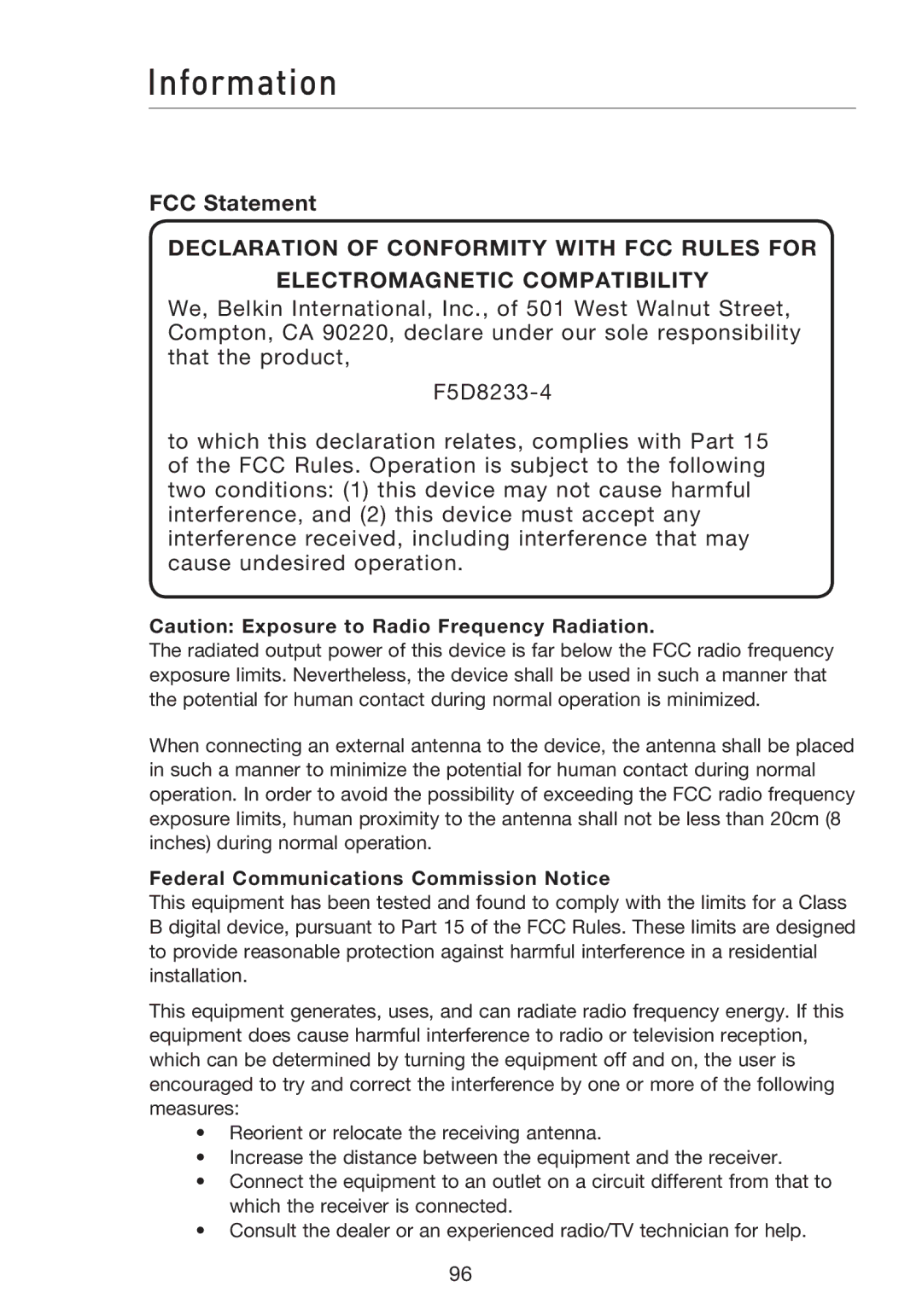 Belkin F5D8233EA4 user manual Information, FCC Statement, Federal Communications Commission Notice 