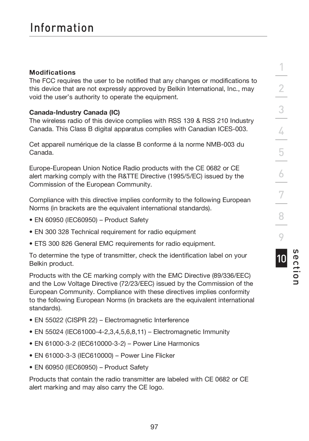 Belkin F5D8233EA4 user manual Modifications, Canada-Industry Canada IC 