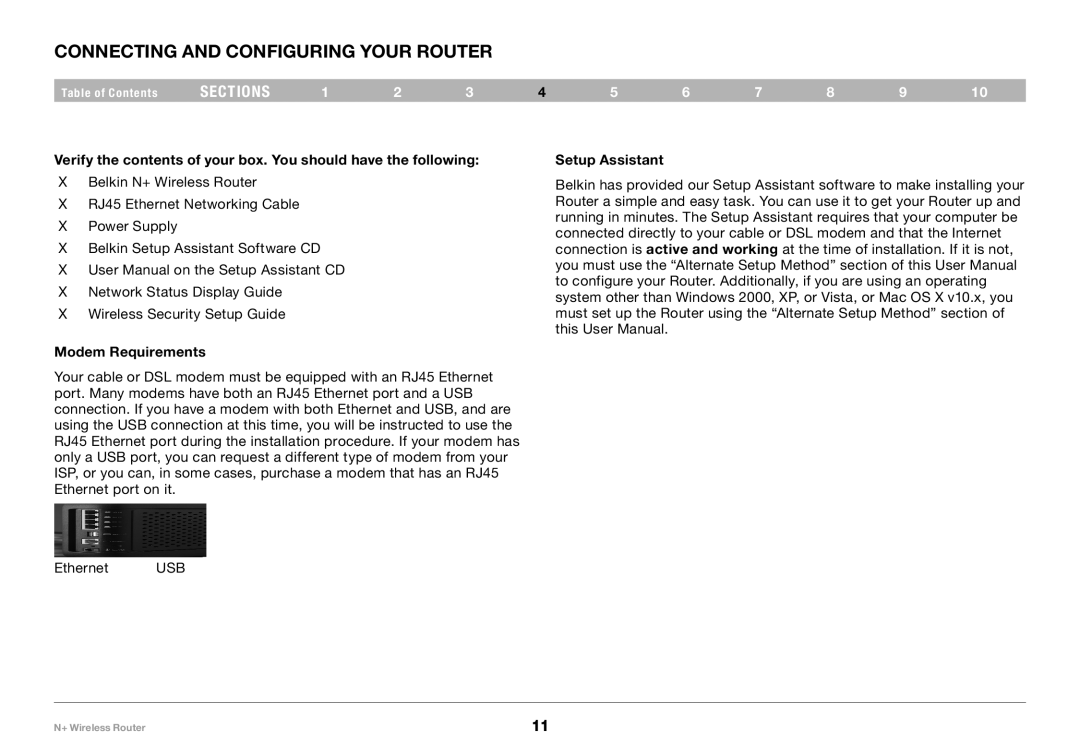 Belkin F5D8235-4 user manual Connecting and Configuring your Router, Modem Requirements 