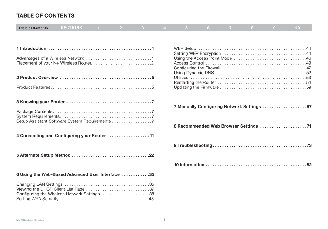 Belkin F5D8235-4 user manual Table of Contents 