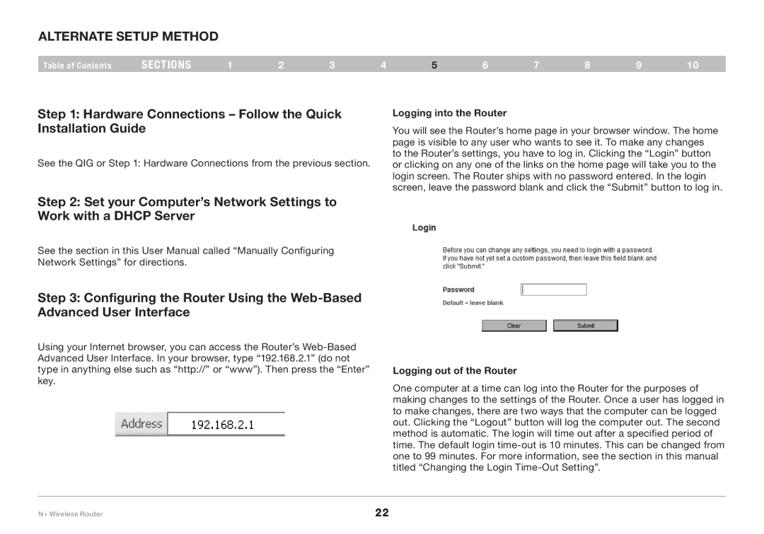 Belkin F5D8235-4 Alternate Setup Method, Hardware Connections Follow the Quick Installation Guide, Logging into the Router 