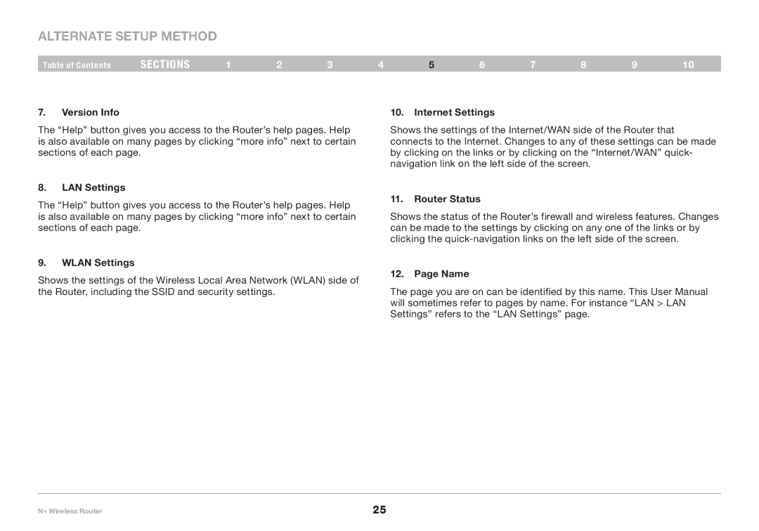 Belkin F5D8235-4 user manual Version Info, LAN Settings, Wlan Settings, Internet Settings, Router Status, Name 