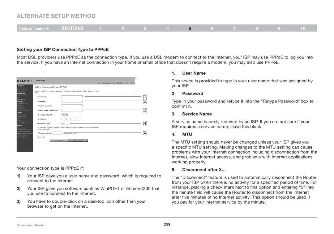 Belkin F5D8235-4 Setting your ISP Connection Type to PPPoE, User Name, Password, Service Name, Mtu, Disconnect after 