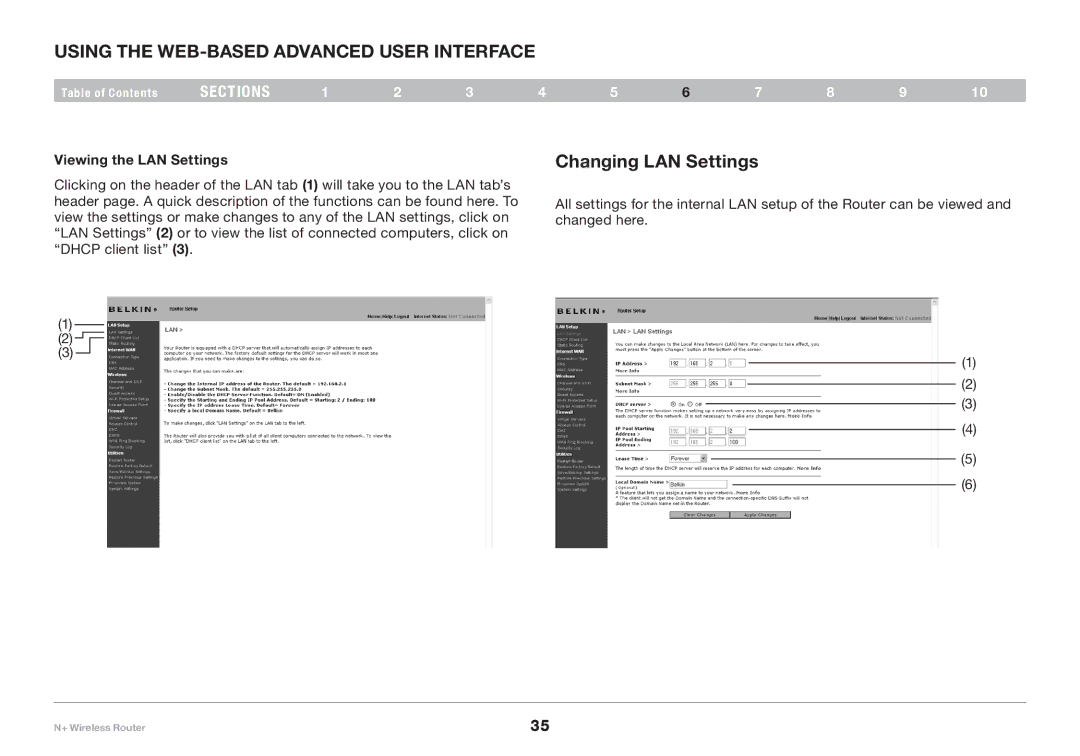 Belkin F5D8235-4 user manual Using the Web-Based Advanced User Interface, Changing LAN Settings, Viewing the LAN Settings 