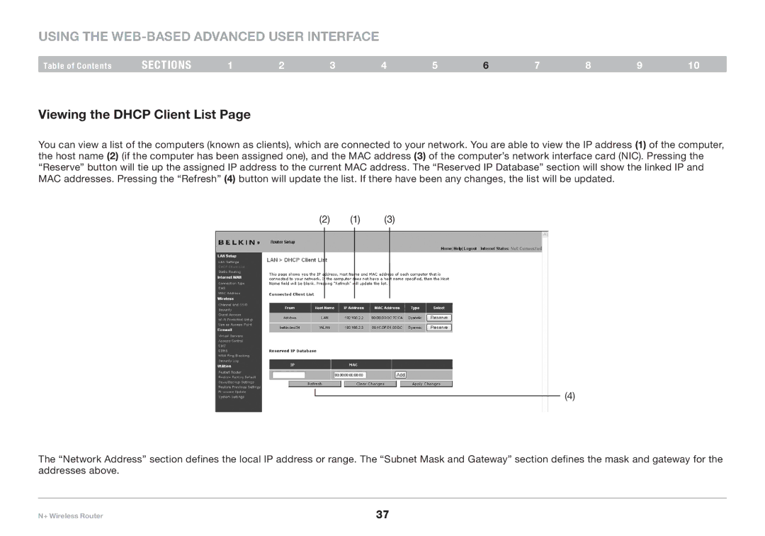 Belkin F5D8235-4 user manual Viewing the Dhcp Client List 