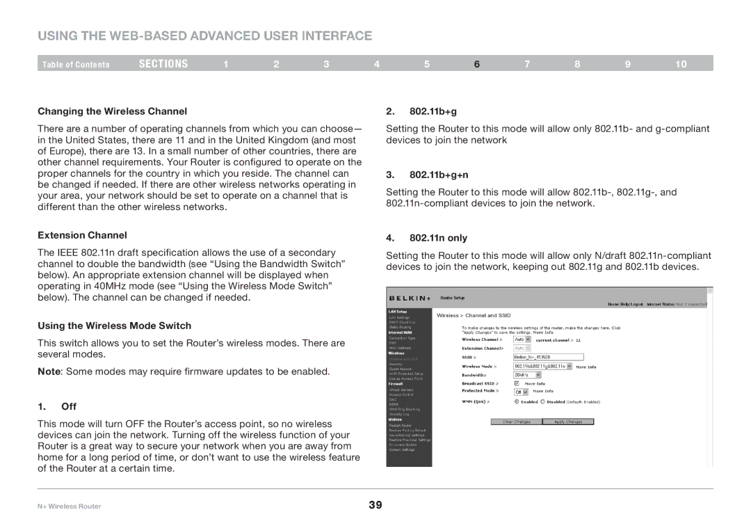 Belkin F5D8235-4 Changing the Wireless Channel, Extension Channel, Using the Wireless Mode Switch, Off, 802.11b+g 